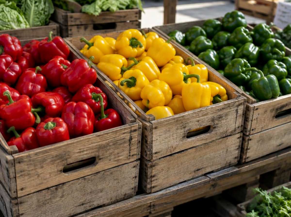 Wooden crates of red, yellow and green capsicums