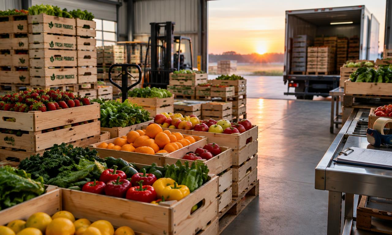 Crates of mixed fresh produce ready for delivery