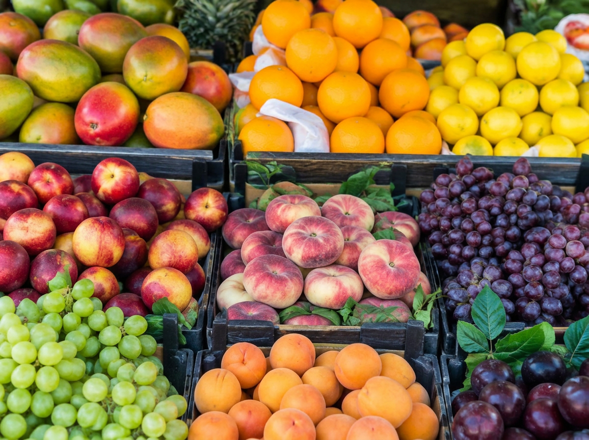 Crates of mangoes, citrus, stone fruit and grapes